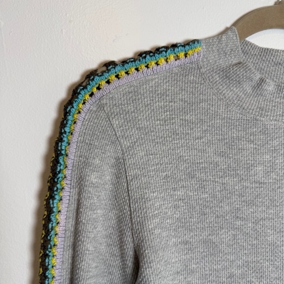 Free People Gray Waffle Knit Mock Neck Sweater Cheetah Print Sleeve Detail Women - Picture 8 of 8